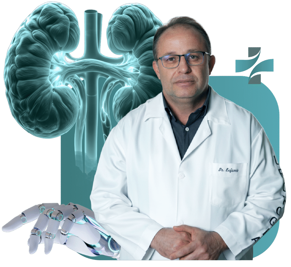 Dr. Eufânio Saqueti, urologista em Campo Mourão, vestindo jaleco branco em arte digital que destaca a saúde dos rins e tecnologia de cirurgia robótica