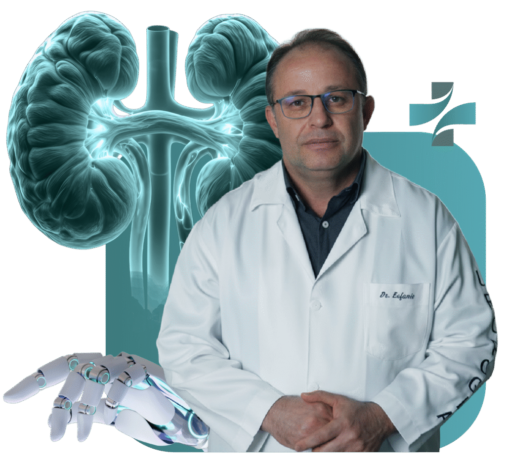 Dr. Eufânio Saqueti, médico urologista em Campo Mourão, em arte digital que destaca a saúde dos rins e tecnologia de cirurgia robótica moderna