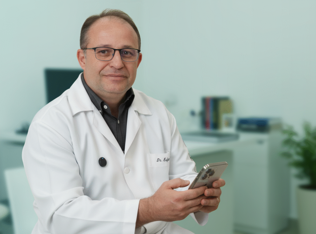 Dr. Eufânio Saqueti, urologista em Campo Mourão, em arte digital com ilustração de rins e mão robótica simbolizando cirurgia de alta tecnologia.