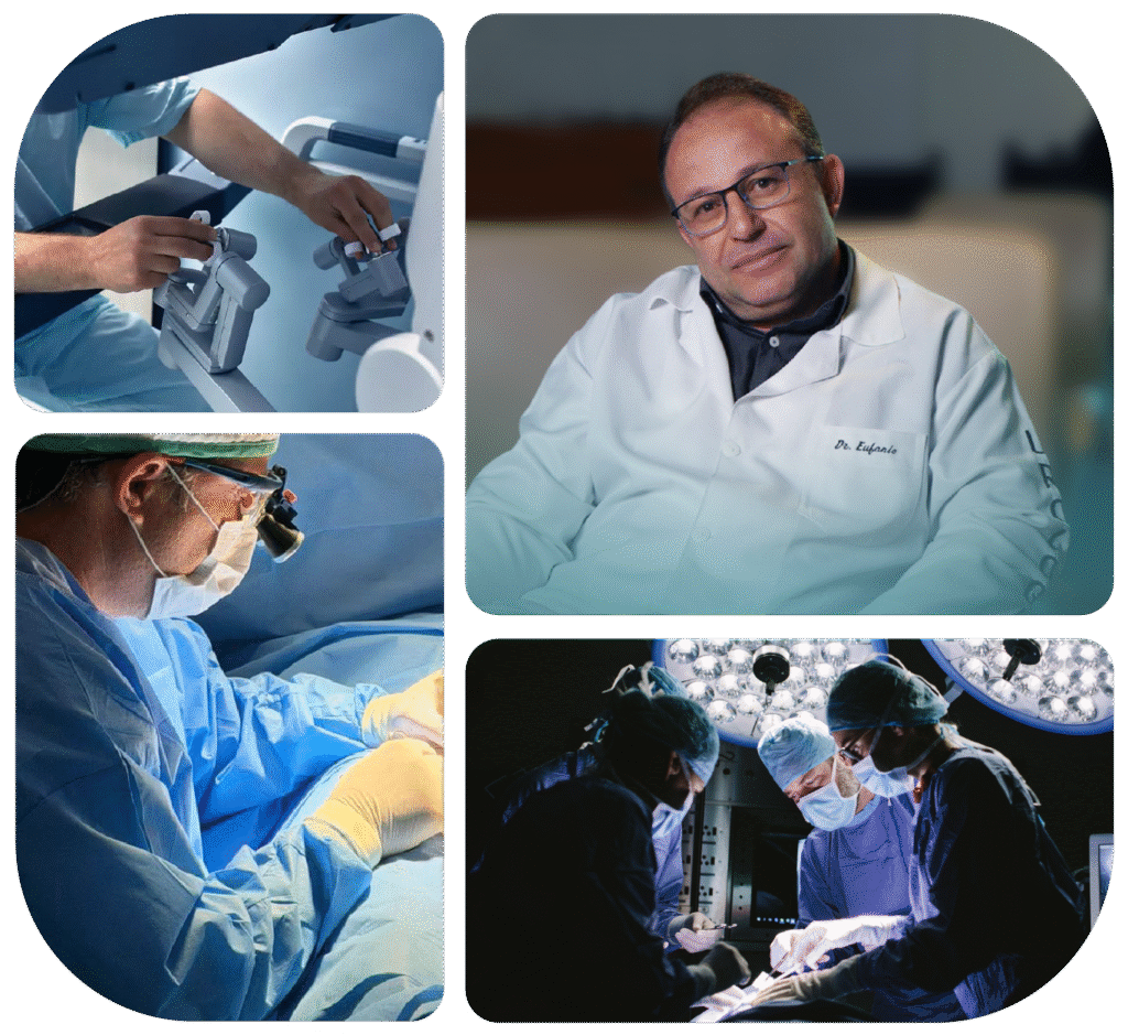 Dr. Eufânio Saqueti, médico urologista em Campo Mourão, em arte digital que destaca a saúde renal (rins) e a tecnologia de cirurgia robótica moderna.