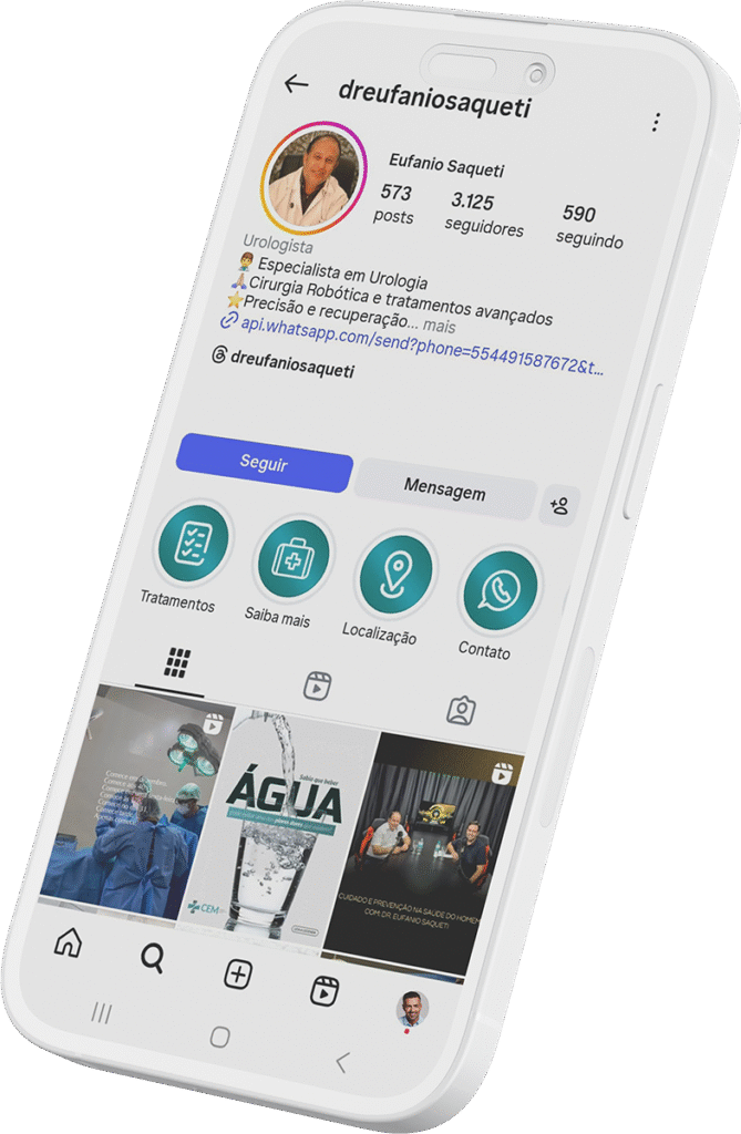 Dr. Eufânio Saqueti, médico urologista em Campo Mourão, em arte digital que destaca a saúde dos rins e tecnologia de cirurgia robótica moderna